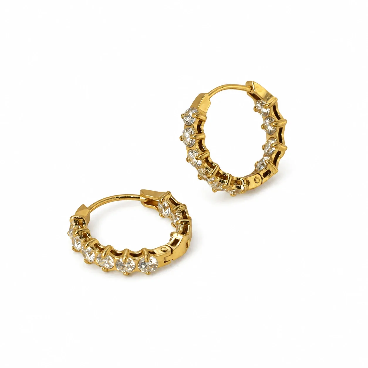 Hoop Earrings with Round Cubic Zirconia, Gold PVD 316 Stainless Steel