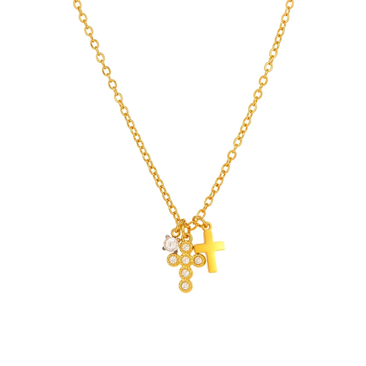 Refined Stainless Steel Round CZ Cross Charm Necklace
