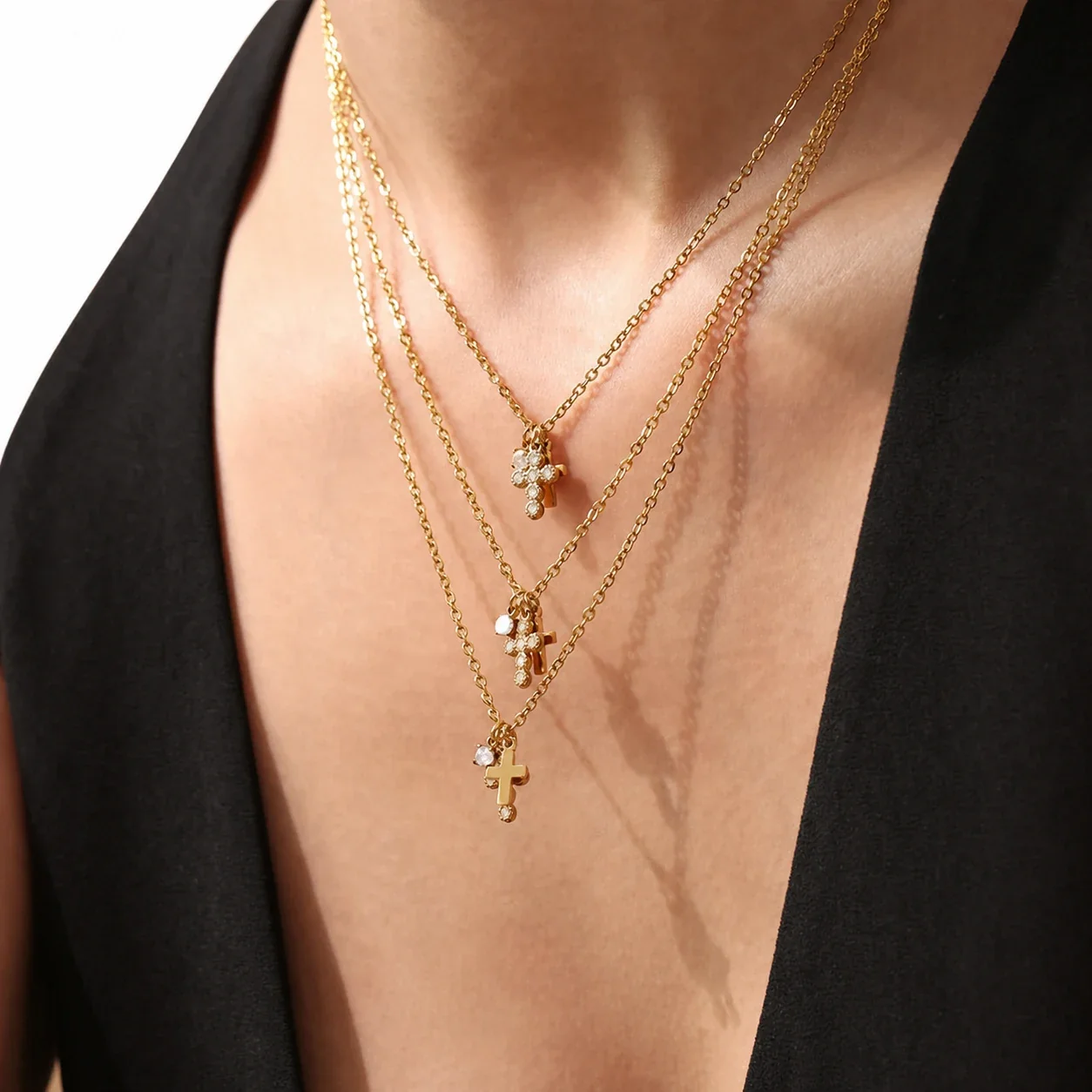 Refined Stainless Steel Round CZ Cross Charm Necklace