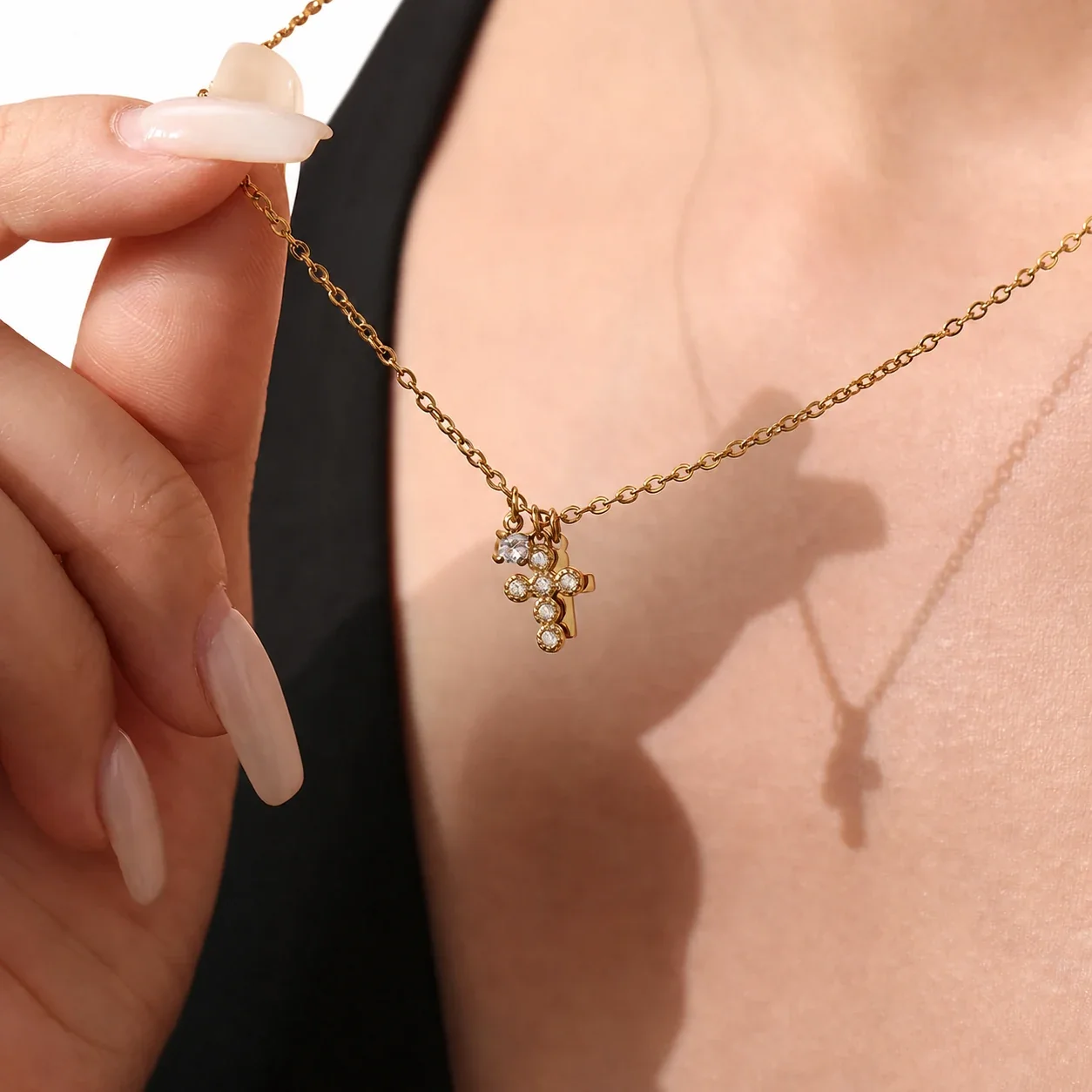 Refined Stainless Steel Round CZ Cross Charm Necklace