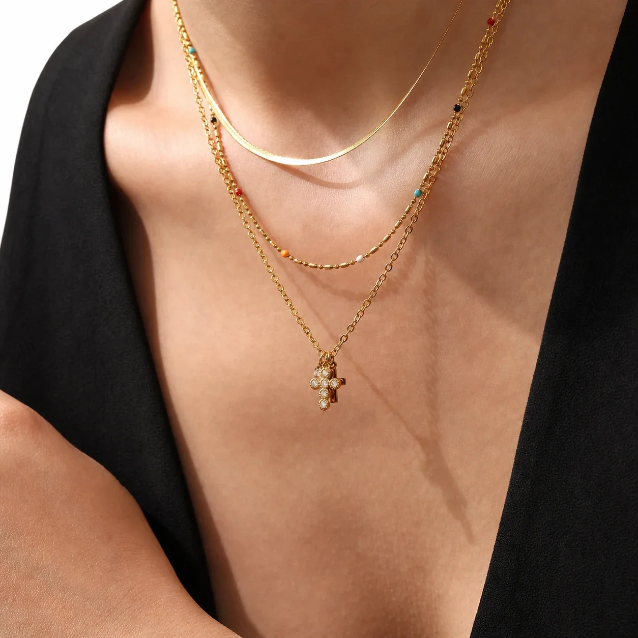 Refined Stainless Steel Round CZ Cross Charm Necklace