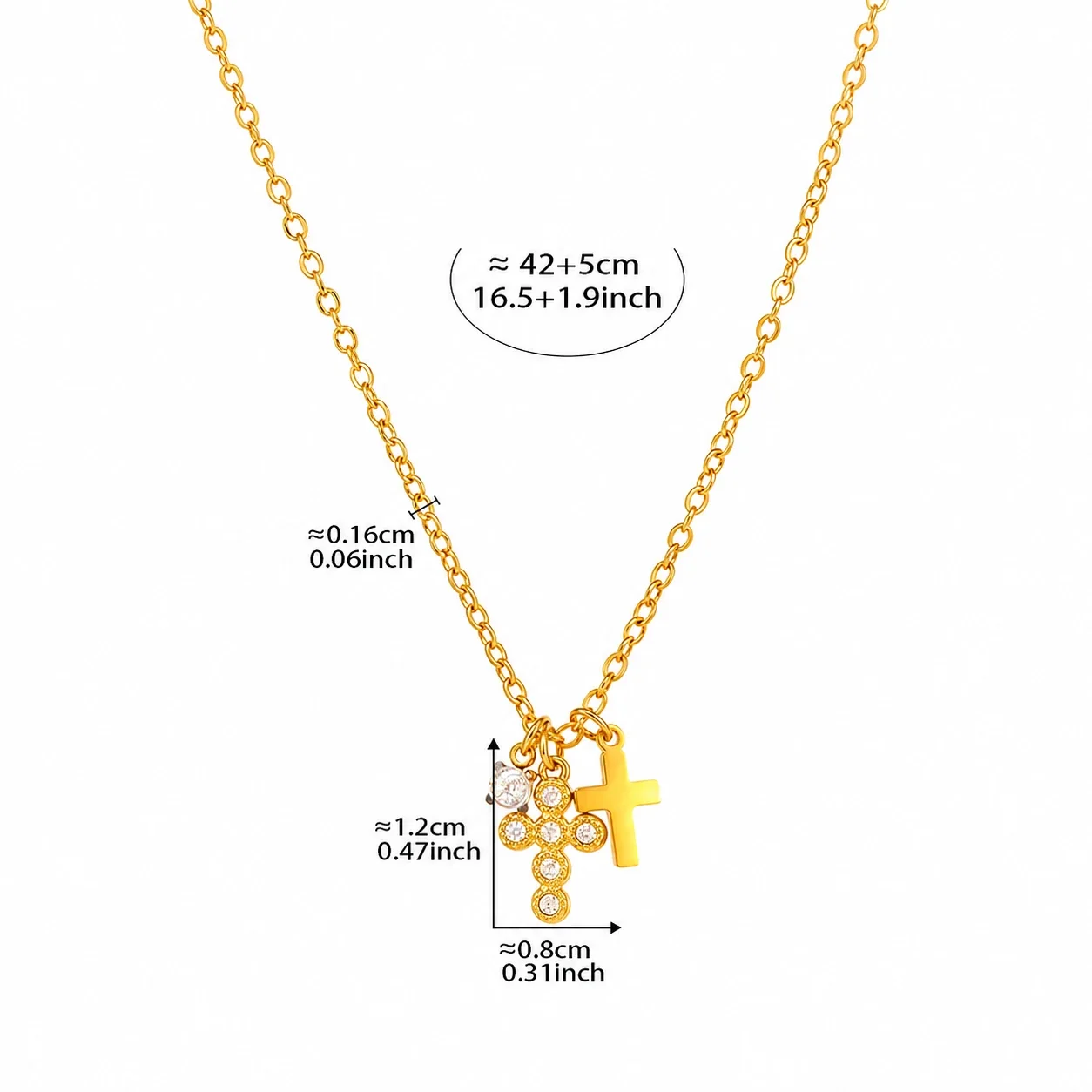 Refined Stainless Steel Round CZ Cross Charm Necklace - Gold