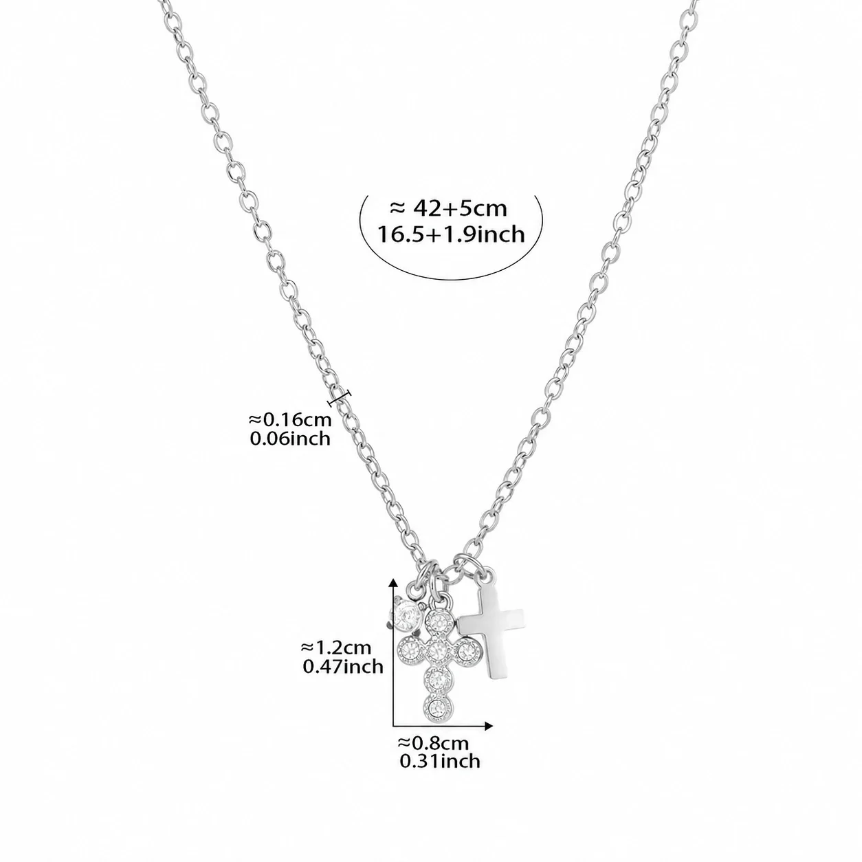 Refined Stainless Steel Round CZ Cross Charm Necklace - Silver