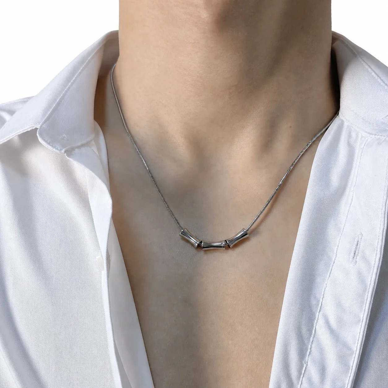 Sculptural Stainless Steel Snake Chain Tube Pendant Necklace
