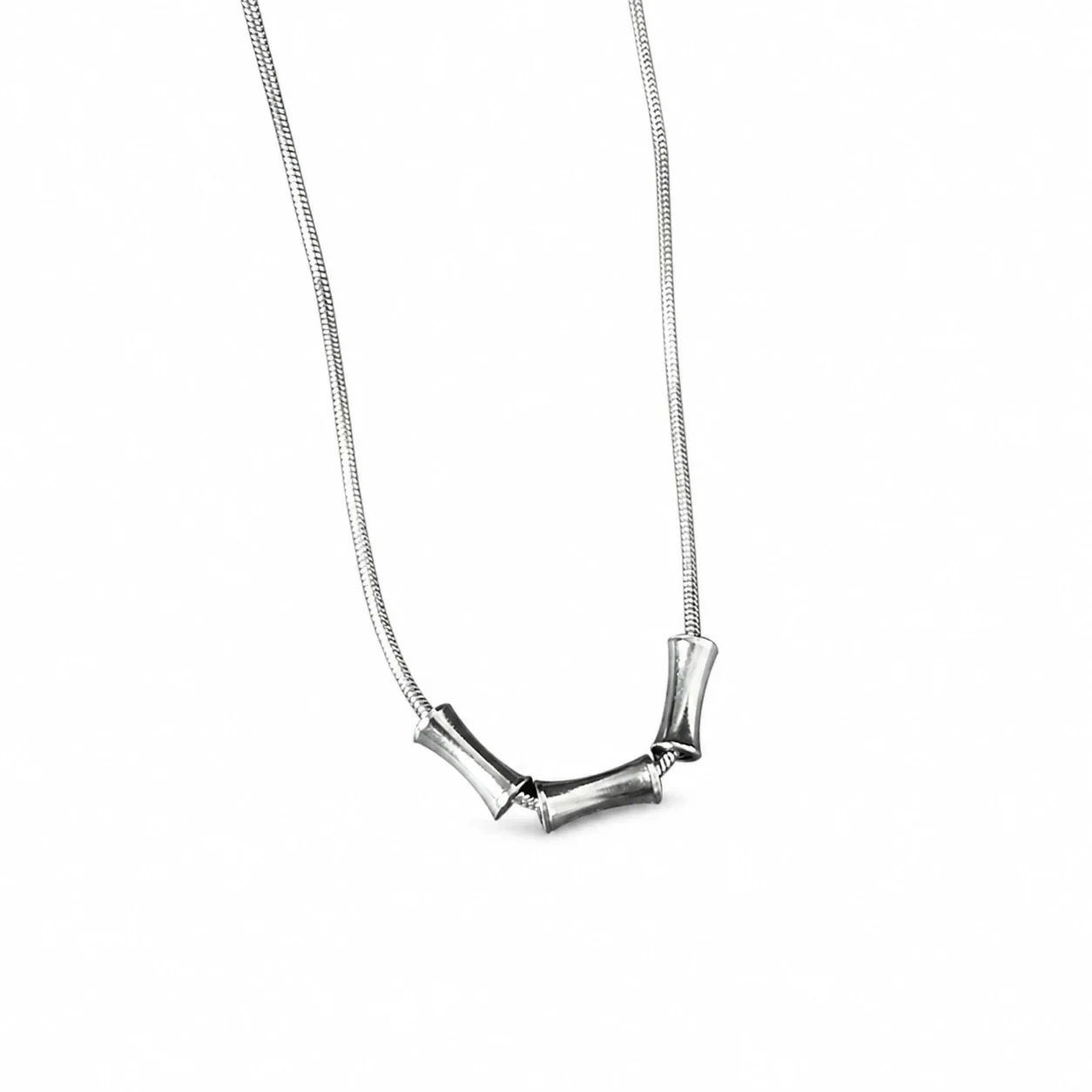 Sculptural Stainless Steel Snake Chain Tube Pendant Necklace