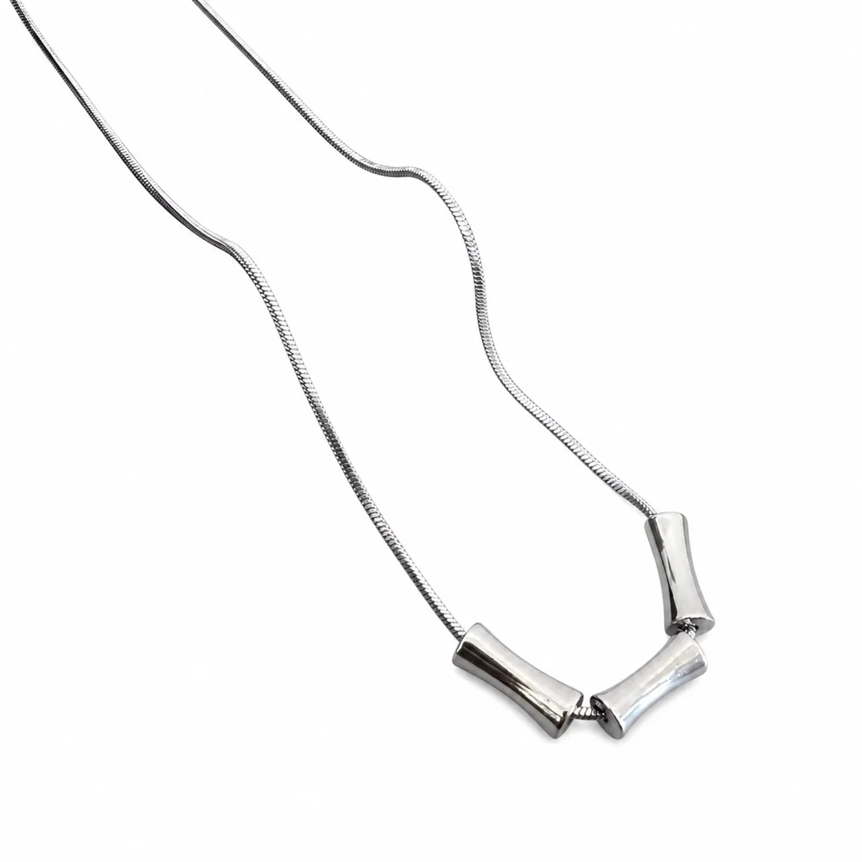Sculptural Stainless Steel Snake Chain Tube Pendant Necklace