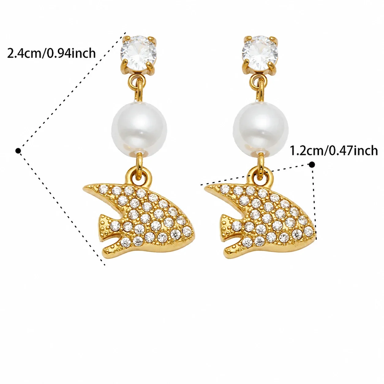 Ocean Charm 18K Gold-Plated 316L CZ Pearl-Effect Drop Earrings - Gold White CZ Manta Ray