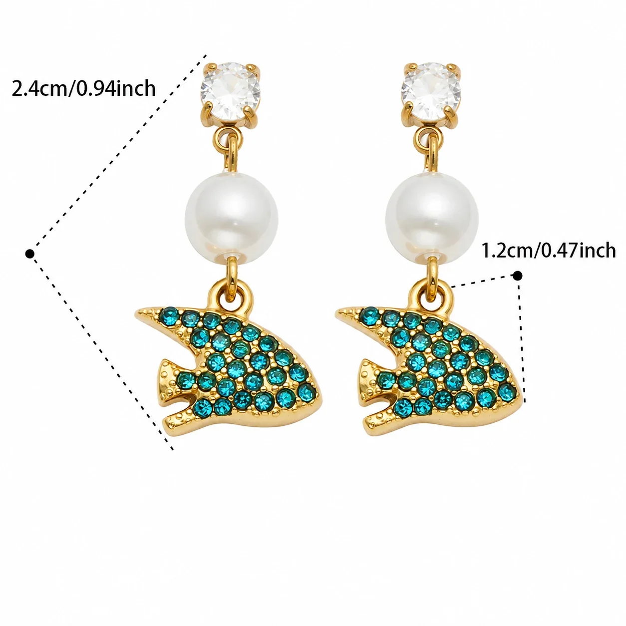 Ocean Charm 18K Gold-Plated 316L CZ Pearl-Effect Drop Earrings - Gold Blue CZ Manta Ray