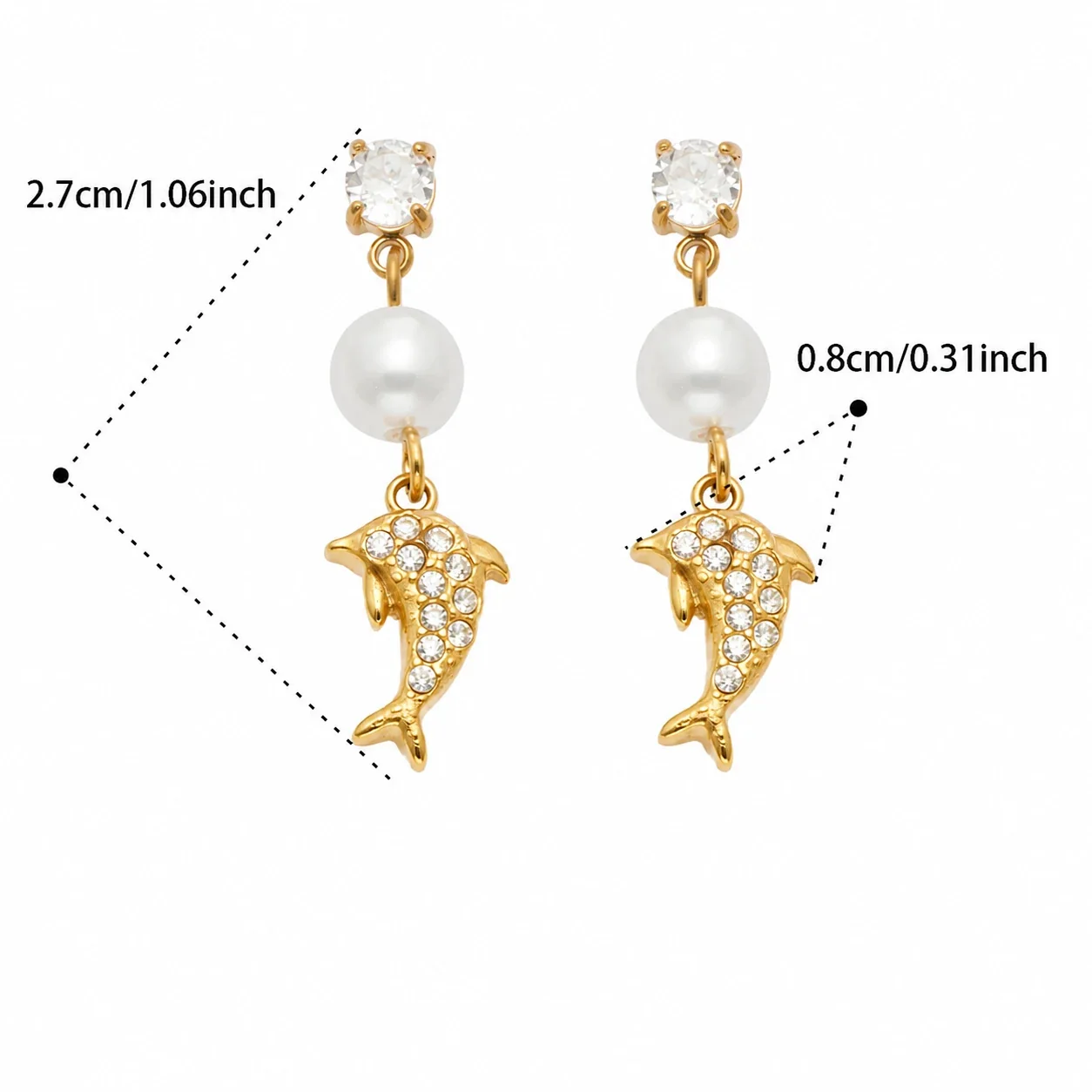 Ocean Charm 18K Gold-Plated 316L CZ Pearl-Effect Drop Earrings - Gold White CZ Dolphin