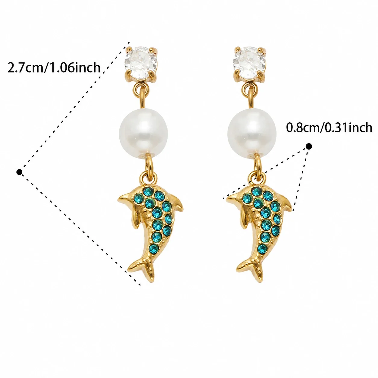 Ocean Charm 18K Gold-Plated 316L CZ Pearl-Effect Drop Earrings - Gold Blue CZ Dolphin
