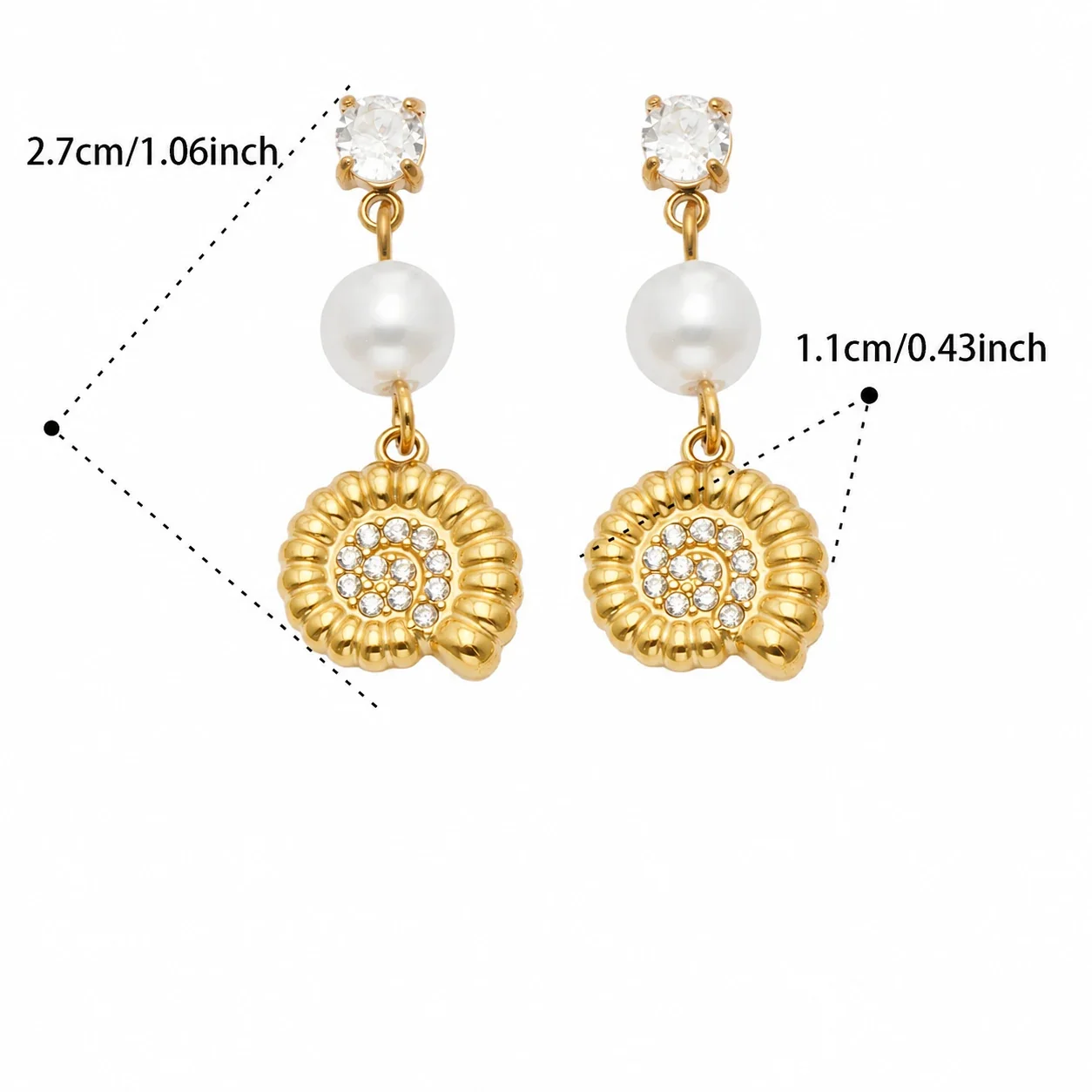 Ocean Charm 18K Gold-Plated 316L CZ Pearl-Effect Drop Earrings - Gold White CZ Conch Shell