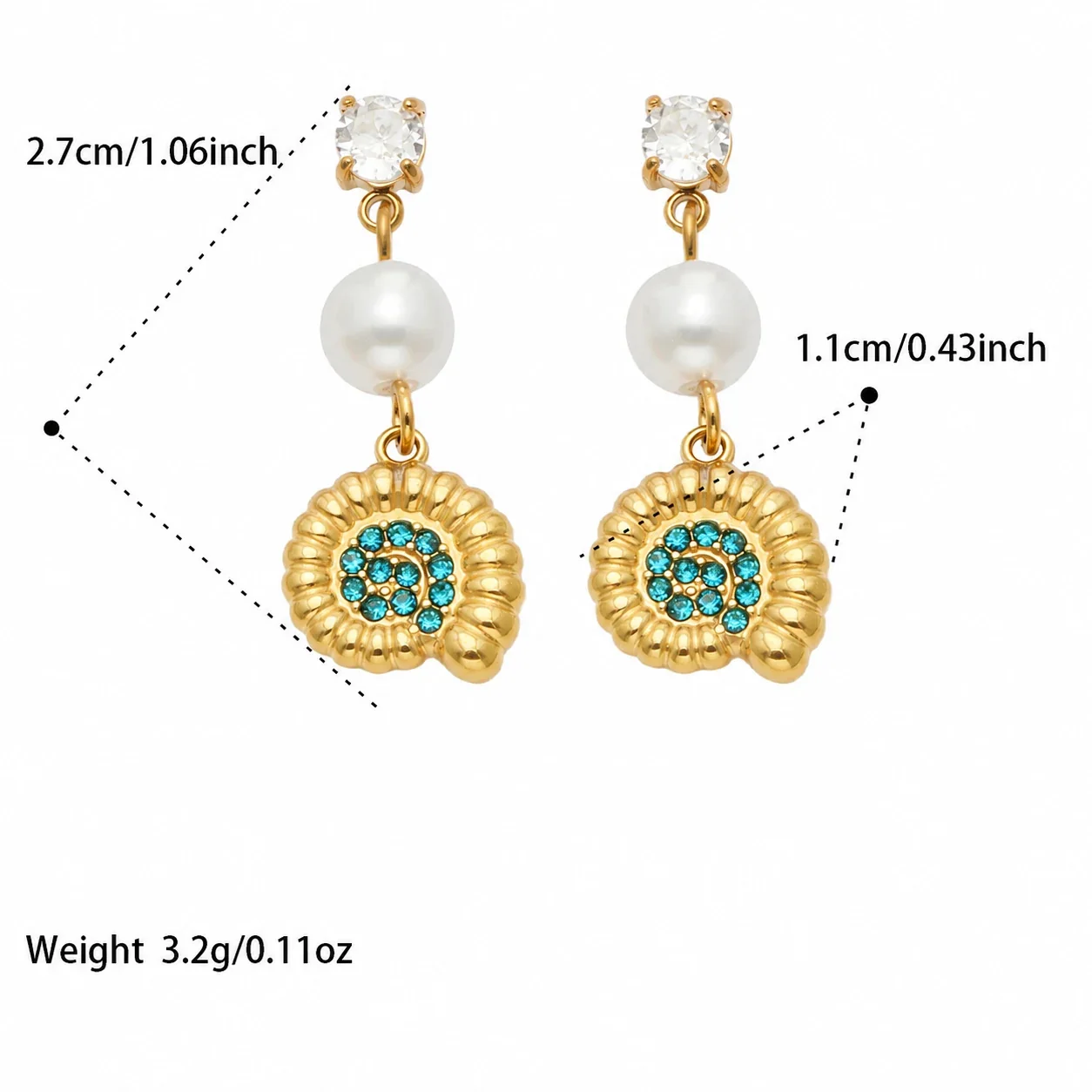 Ocean Charm 18K Gold-Plated 316L CZ Pearl-Effect Drop Earrings - Gold Blue CZ Conch Shell