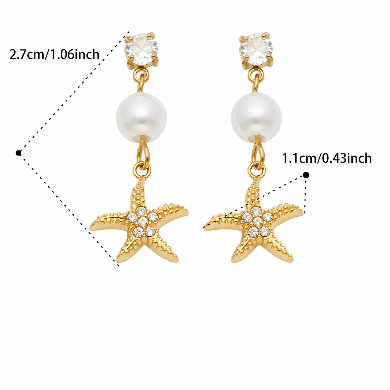 Ocean Charm 18K Gold-Plated 316L CZ Pearl-Effect Drop Earrings - Gold White CZ Starfish