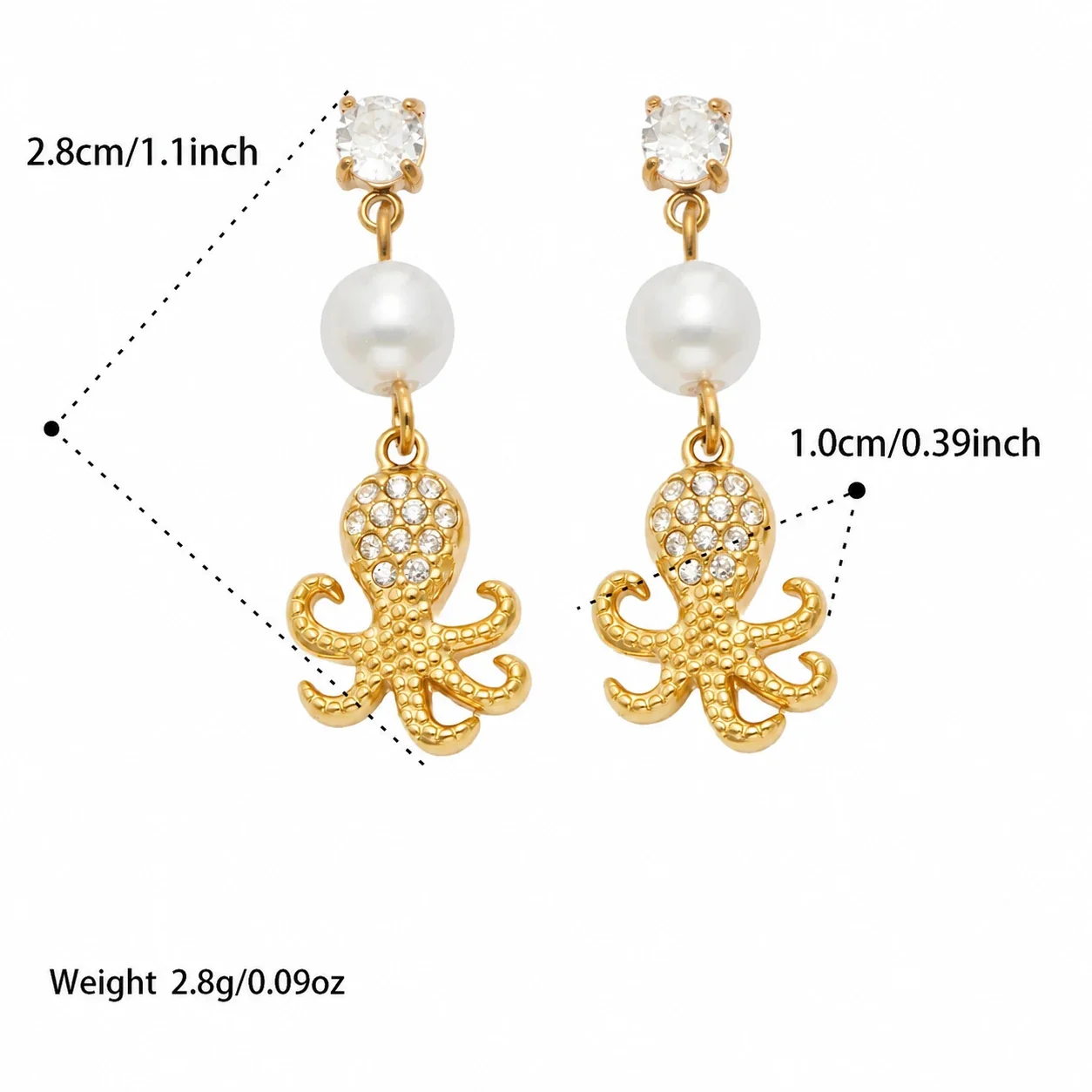 Ocean Charm 18K Gold-Plated 316L CZ Pearl-Effect Drop Earrings - Gold White CZ Octopus