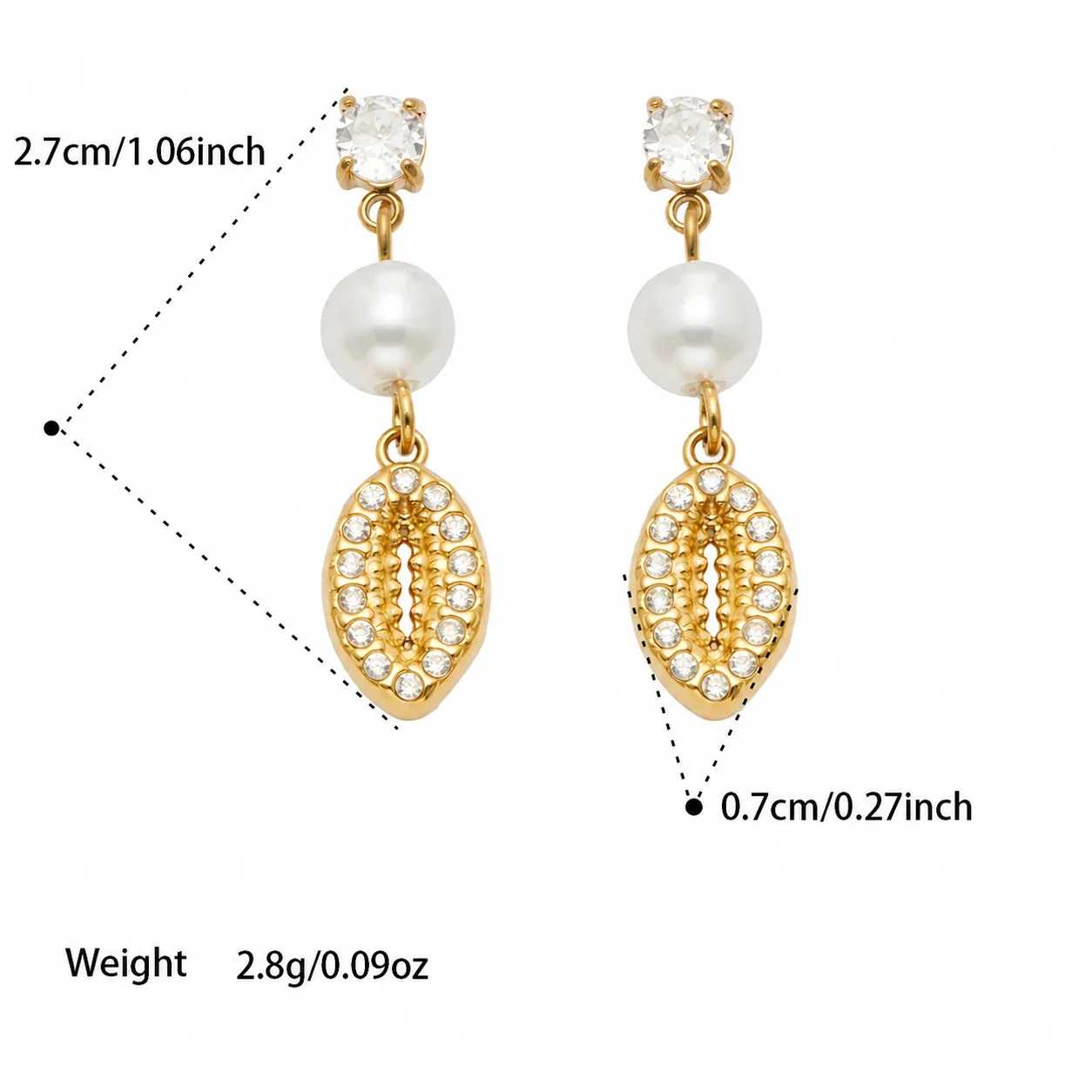 Ocean Charm 18K Gold-Plated 316L CZ Pearl-Effect Drop Earrings - Gold Blue CZ Shell