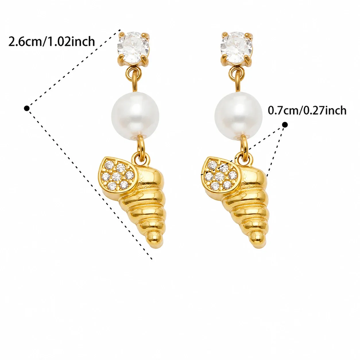 Ocean Charm 18K Gold-Plated 316L CZ Pearl-Effect Drop Earrings - Gold White CZ Spiral Shell