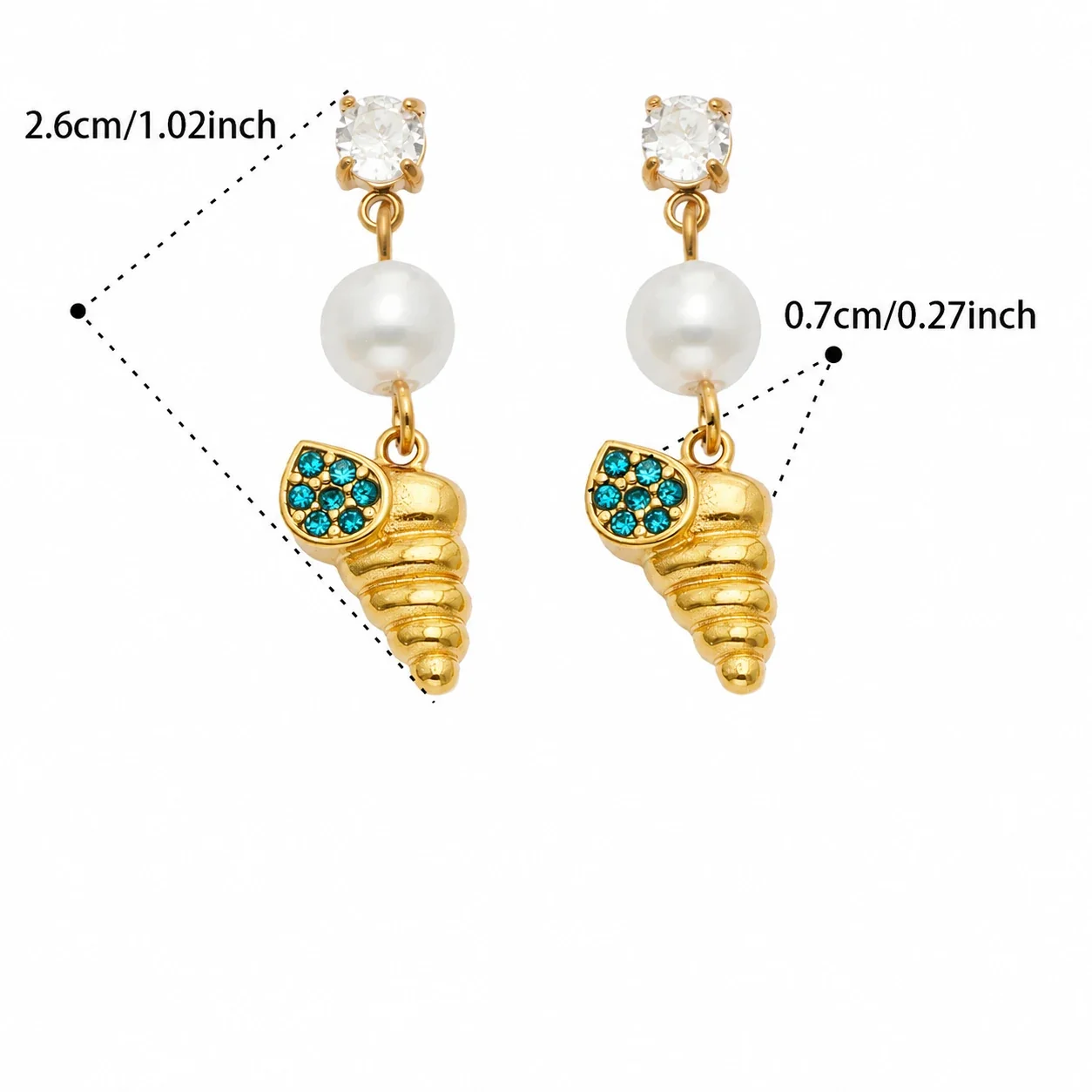 Ocean Charm 18K Gold-Plated 316L CZ Pearl-Effect Drop Earrings - Gold Blue CZ Spiral Shell