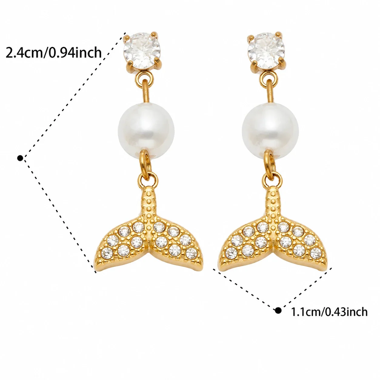 Ocean Charm 18K Gold-Plated 316L CZ Pearl-Effect Drop Earrings - Gold White CZ Fishtail