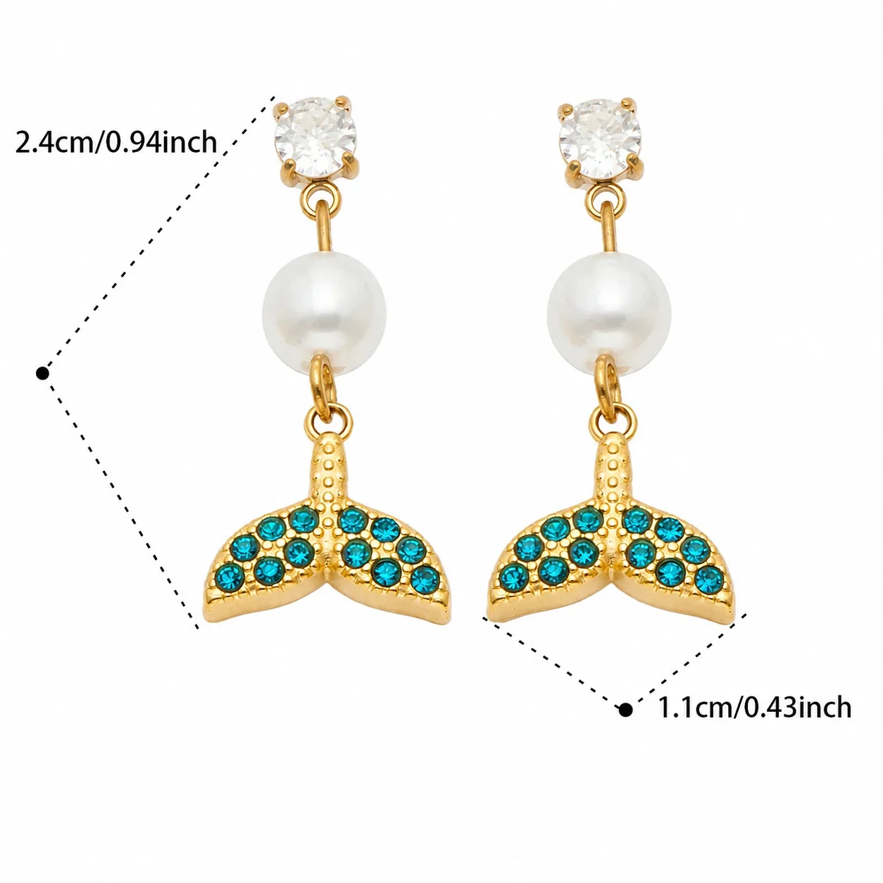 Ocean Charm 18K Gold-Plated 316L CZ Pearl-Effect Drop Earrings - Gold Blue CZ Fishtail