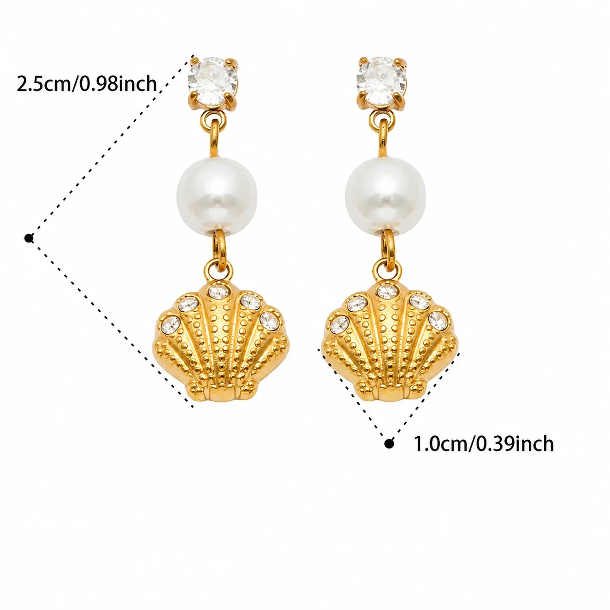 Ocean Charm 18K Gold-Plated 316L CZ Pearl-Effect Drop Earrings - Gold Blue CZ Scallop Shell