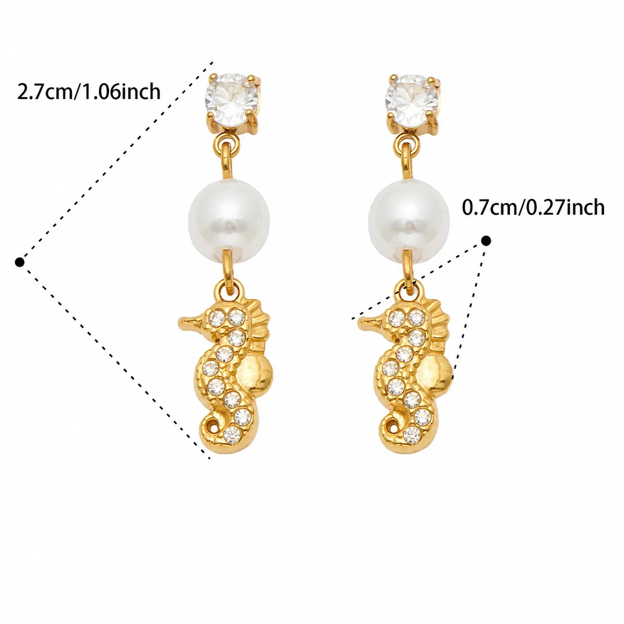 Ocean Charm 18K Gold-Plated 316L CZ Pearl-Effect Drop Earrings - Gold White CZ Seahorse
