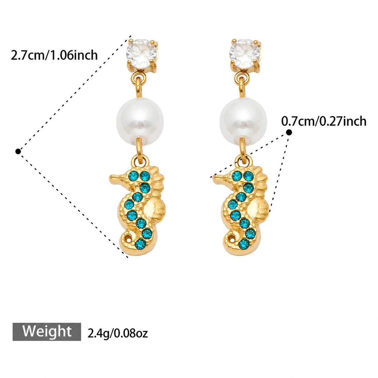 Ocean Charm 18K Gold-Plated 316L CZ Pearl-Effect Drop Earrings - Gold Blue CZ Seahorse