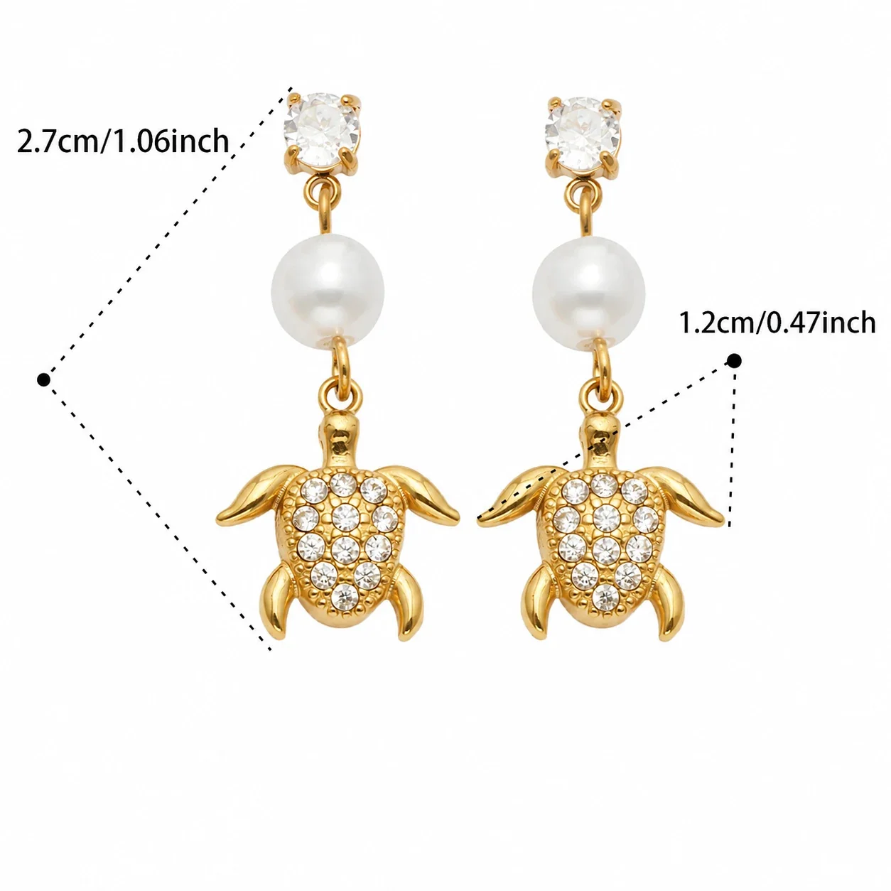 Ocean Charm 18K Gold-Plated 316L CZ Pearl-Effect Drop Earrings - Gold White CZ Sea Turtle