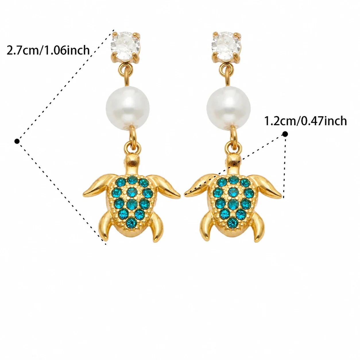 Ocean Charm 18K Gold-Plated 316L CZ Pearl-Effect Drop Earrings - Gold Blue CZ Sea Turtle