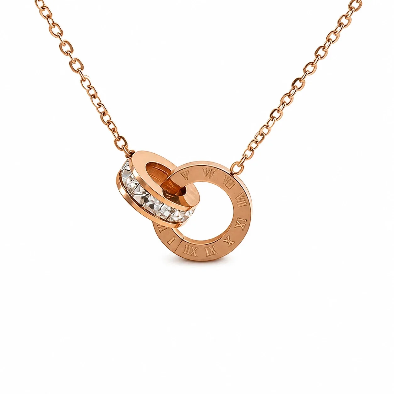 Refined Rose Gold-Plated Roman Numeral Crystal Pendant Necklace