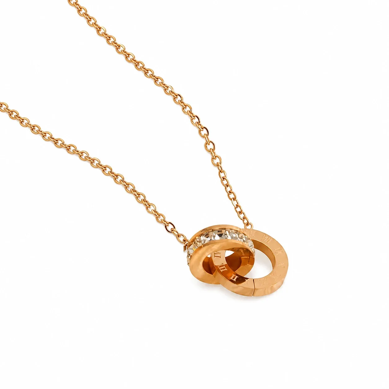 Refined Rose Gold-Plated Roman Numeral Crystal Pendant Necklace