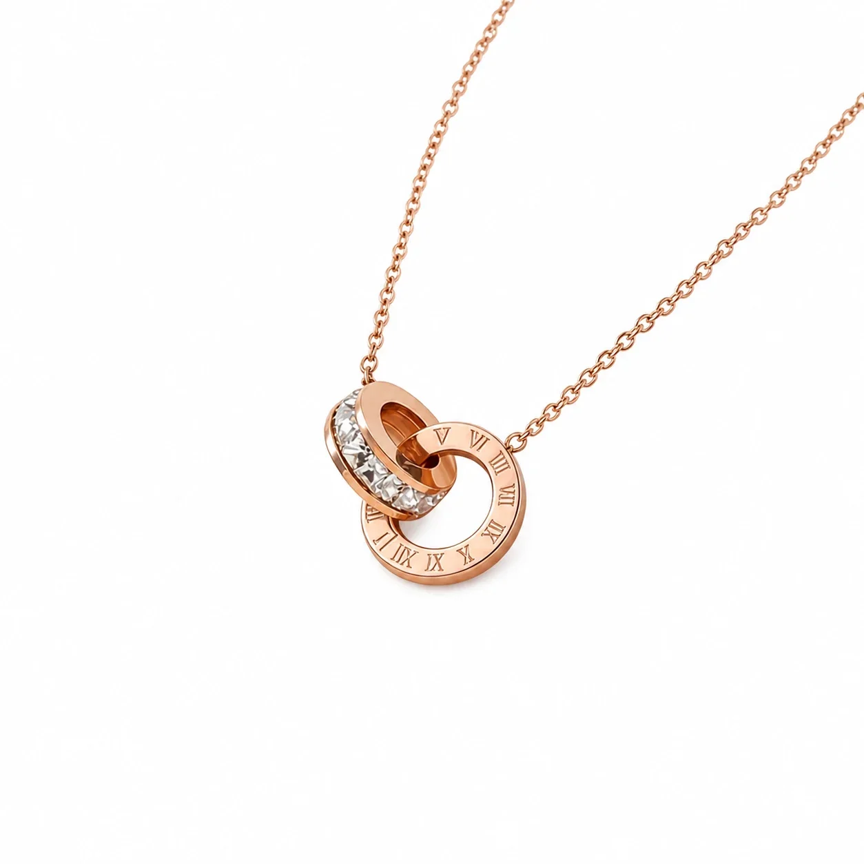 Refined Rose Gold-Plated Roman Numeral Crystal Pendant Necklace