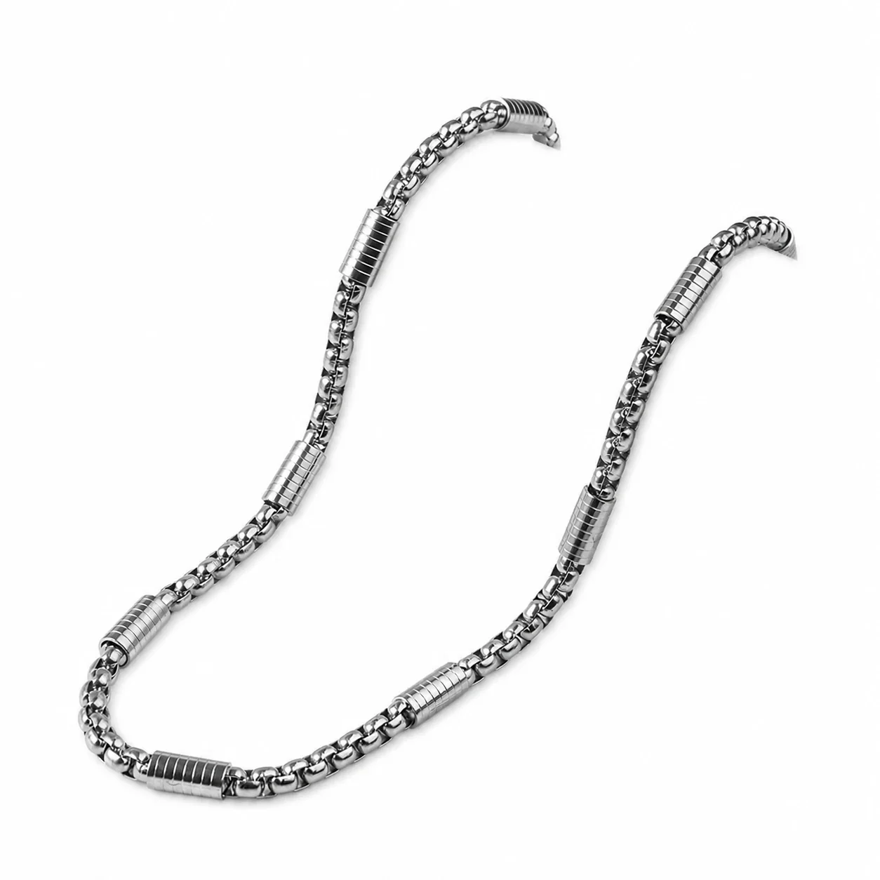 Industrial Stainless Steel Box Chain Ribbed Barrel Necklace