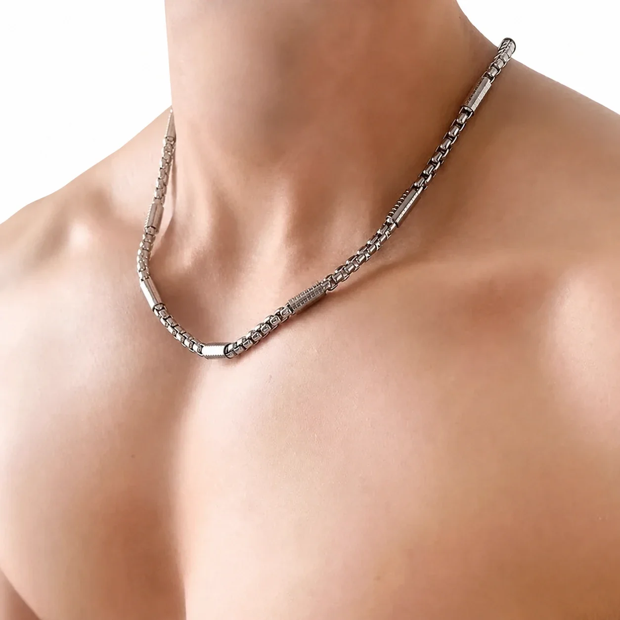 Industrial Stainless Steel Box Chain Ribbed Barrel Necklace