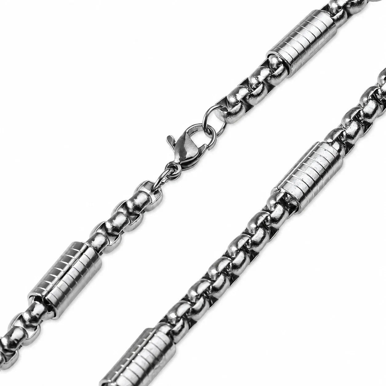 Industrial Stainless Steel Box Chain Ribbed Barrel Necklace