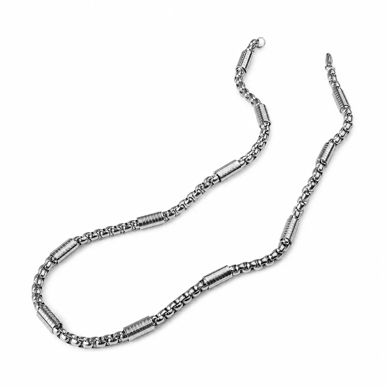 Industrial Stainless Steel Box Chain Ribbed Barrel Necklace
