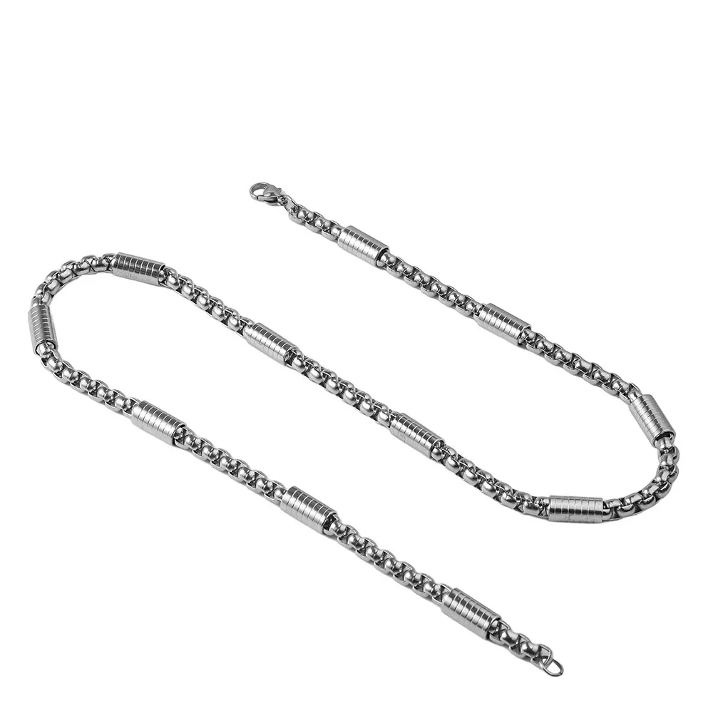 Industrial Stainless Steel Box Chain Ribbed Barrel Necklace