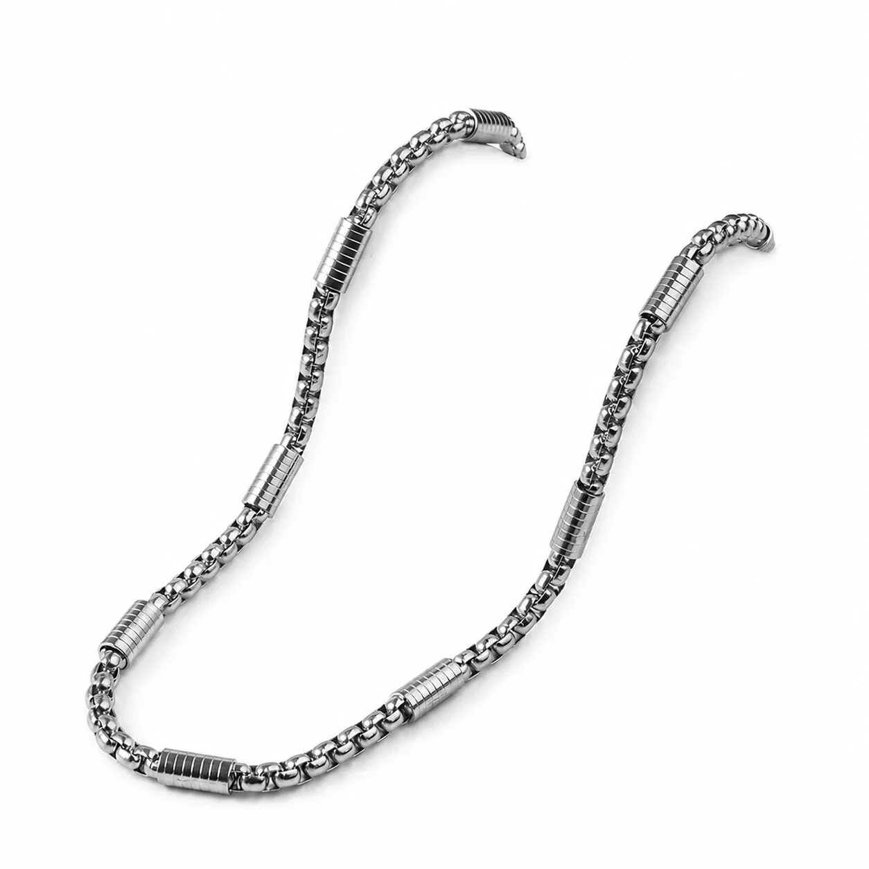 Industrial Stainless Steel Box Chain Ribbed Barrel Necklace - Silver cm
