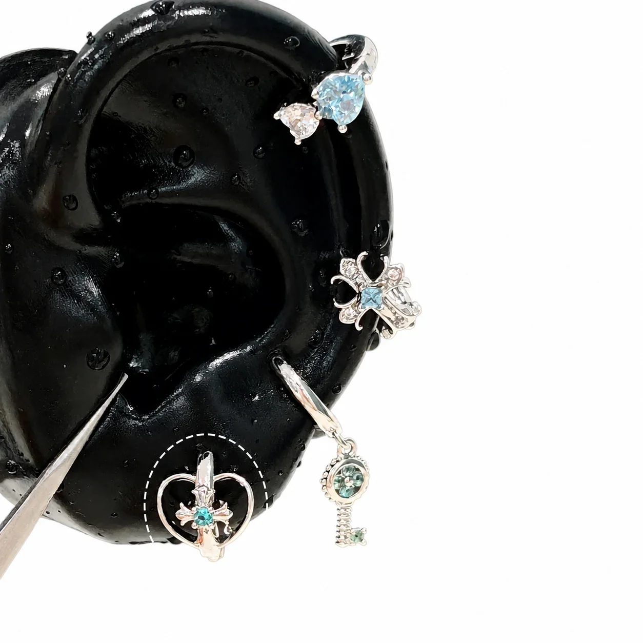 Edgy 316 Stainless Steel CZ Cross Ear Cuff - Openwork Heart Cross