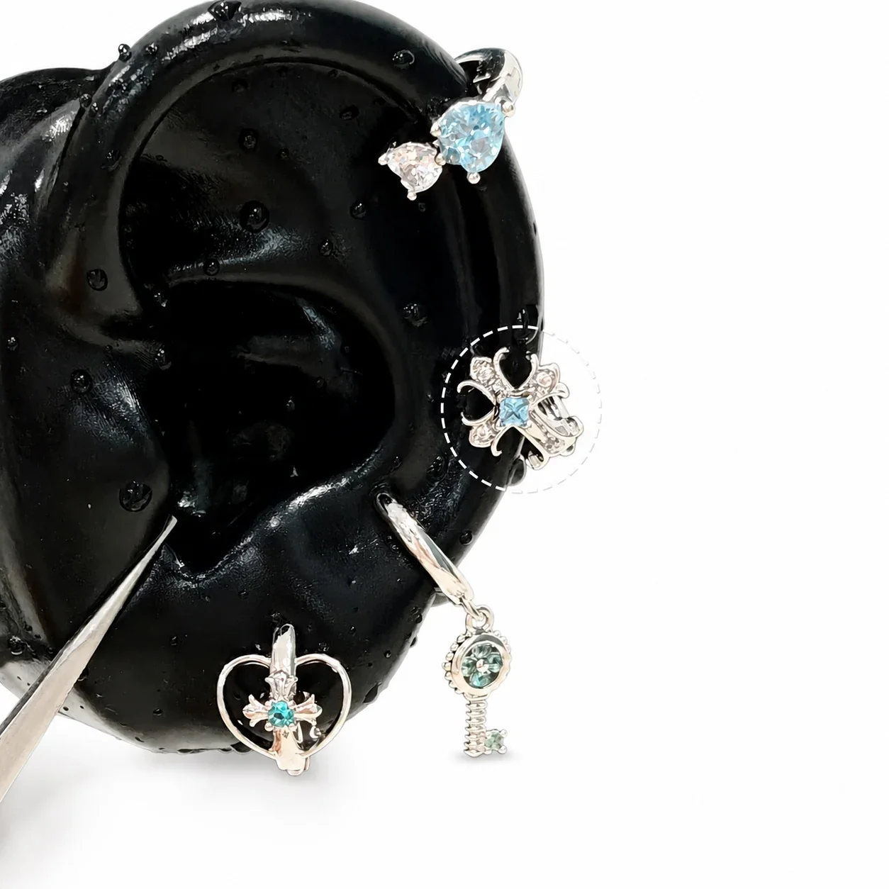Edgy 316 Stainless Steel CZ Cross Ear Cuff - Light Blue Baroque Cross