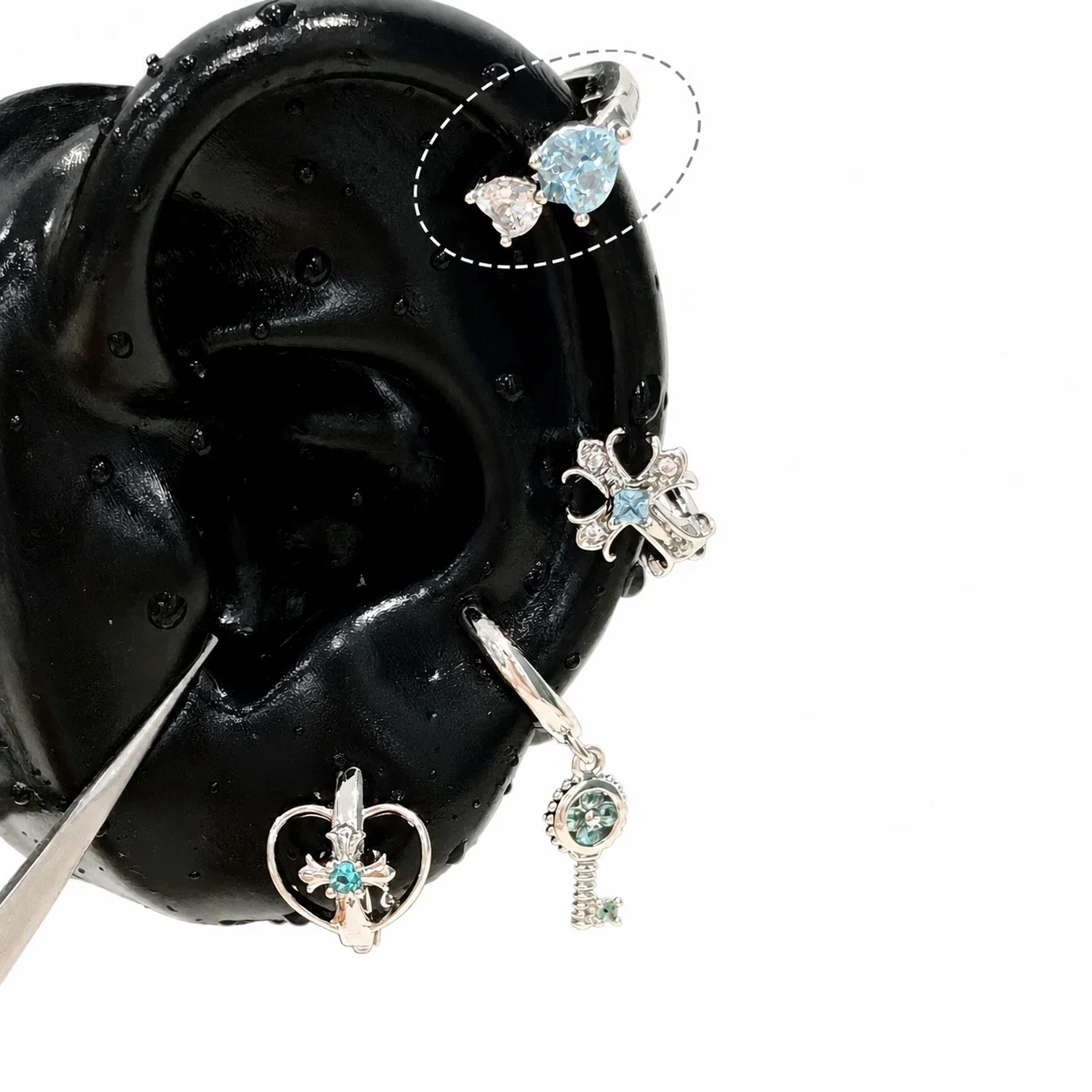 Edgy 316 Stainless Steel CZ Cross Ear Cuff - Blue White Heart