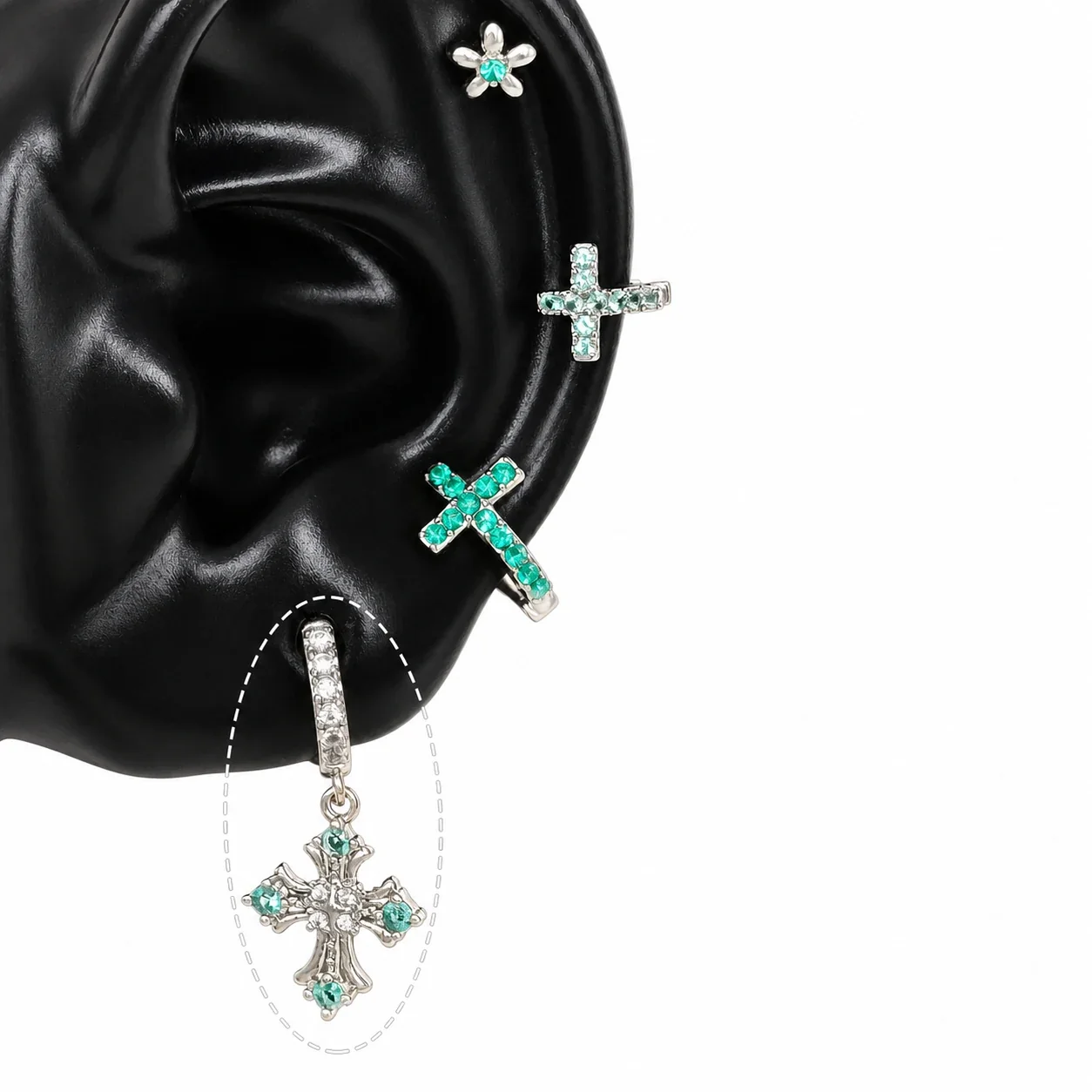 Edgy 316 Stainless Steel CZ Cross Ear Cuff - Green Pavé Cross