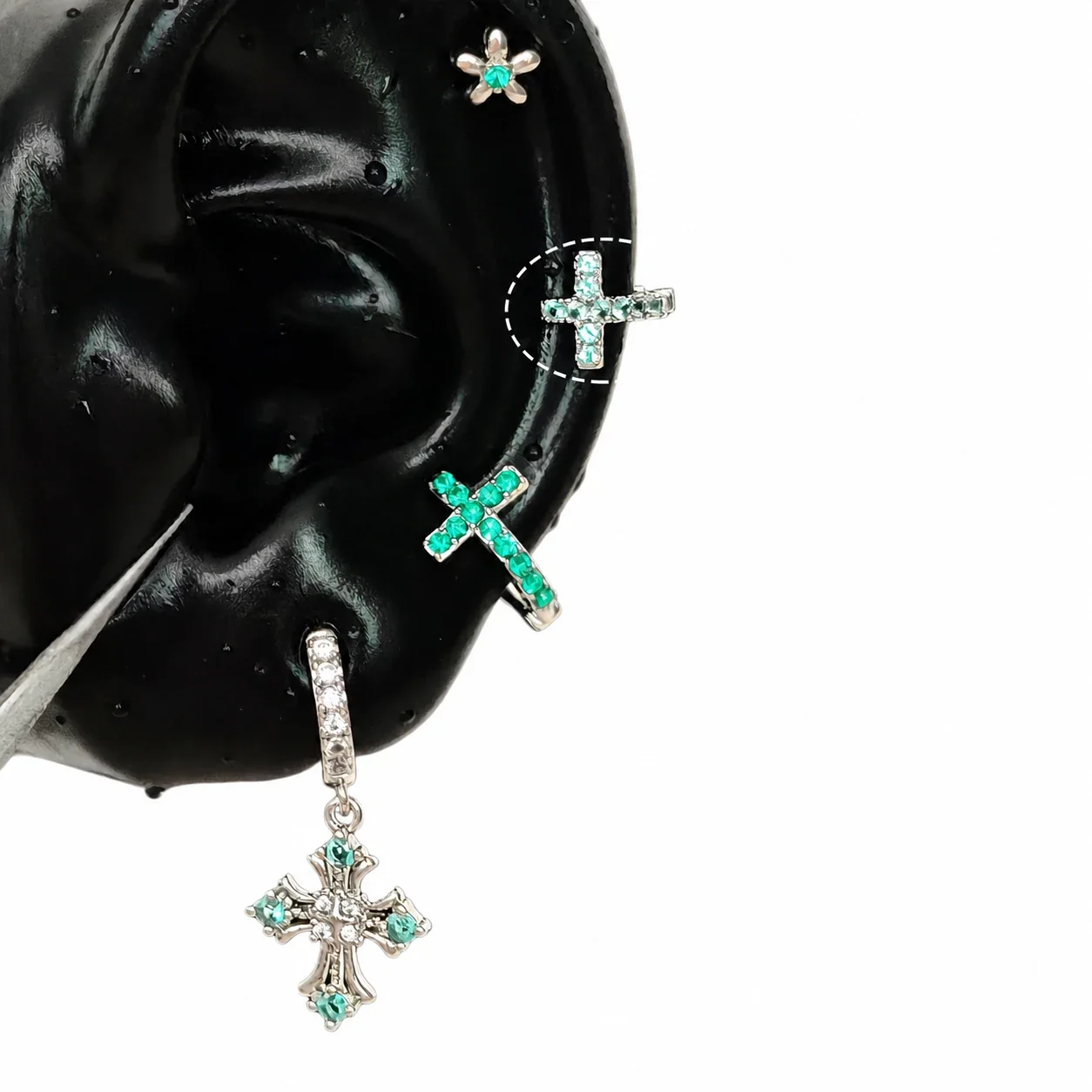 Edgy 316 Stainless Steel CZ Cross Ear Cuff - Light Green Pavé Cross