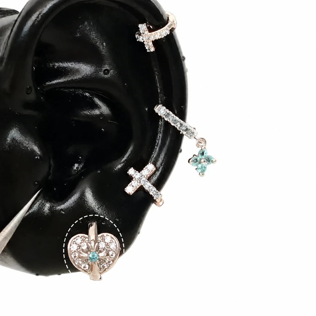 Edgy 316 Stainless Steel CZ Cross Ear Cuff - Pavé Heart Cross