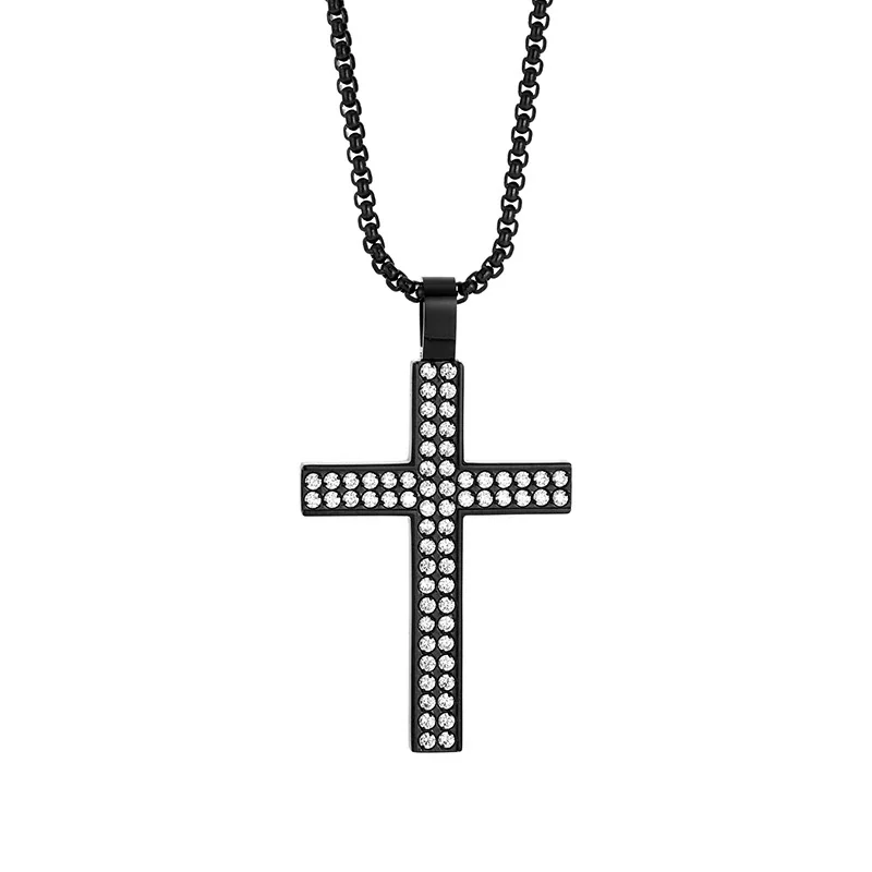 Rectangular 316 Stainless Steel Pavé Cross Box Chain Necklace