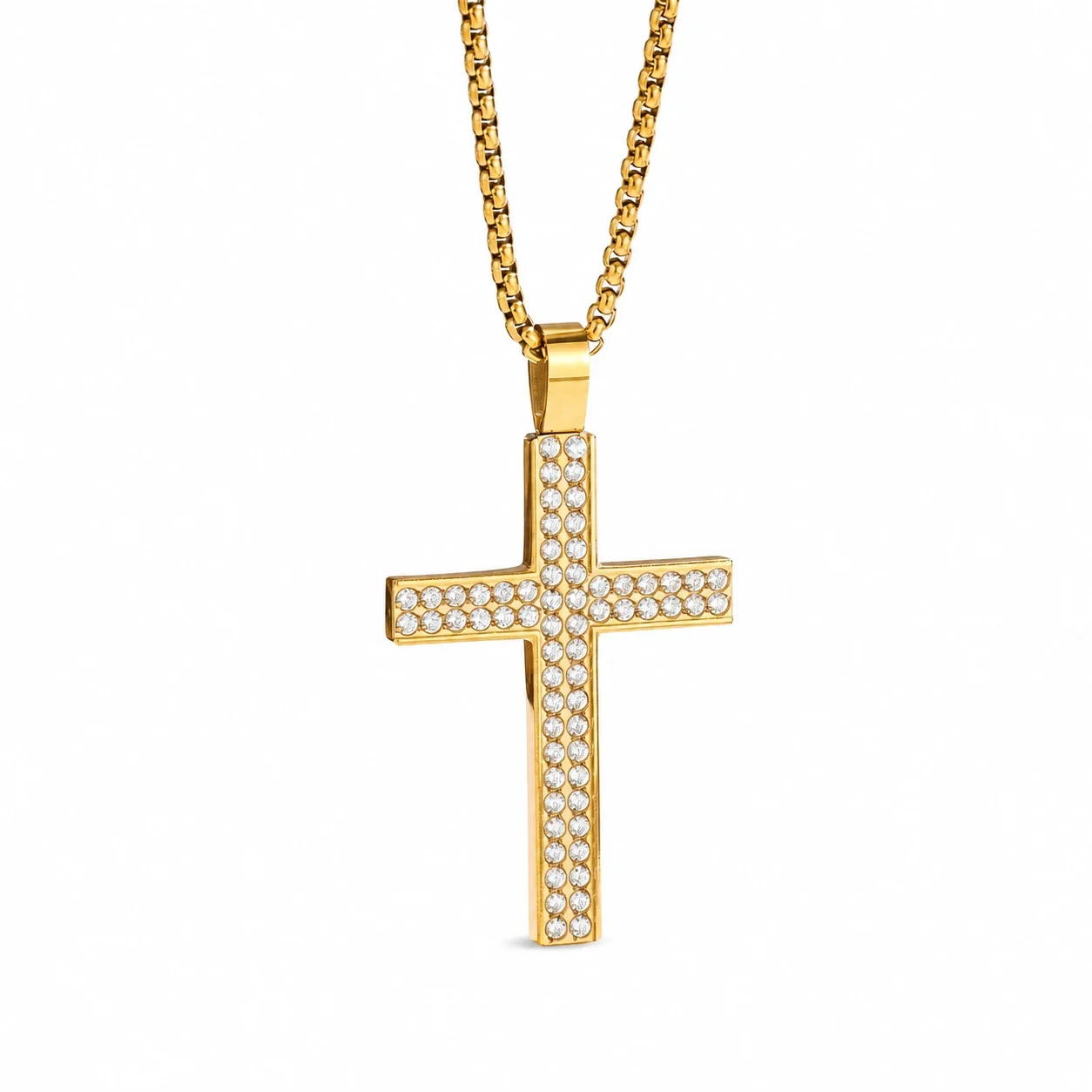 Bold 316 Stainless Steel Pavé Cross Pendant Necklace - Gold Pavé