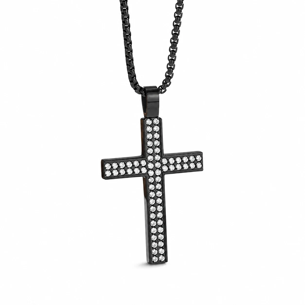 Bold 316 Stainless Steel Pavé Cross Pendant Necklace - Black Pavé