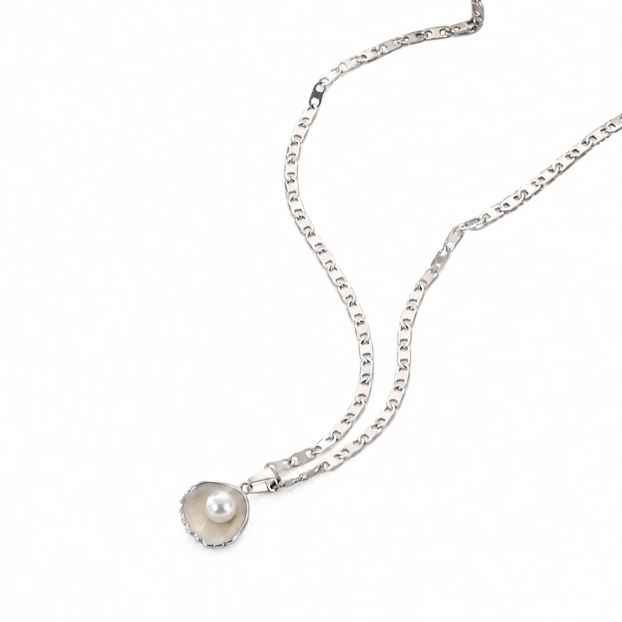 Pendant Necklace, Shell Inlay Pearl & Scalloped Rim, Stainless Steel