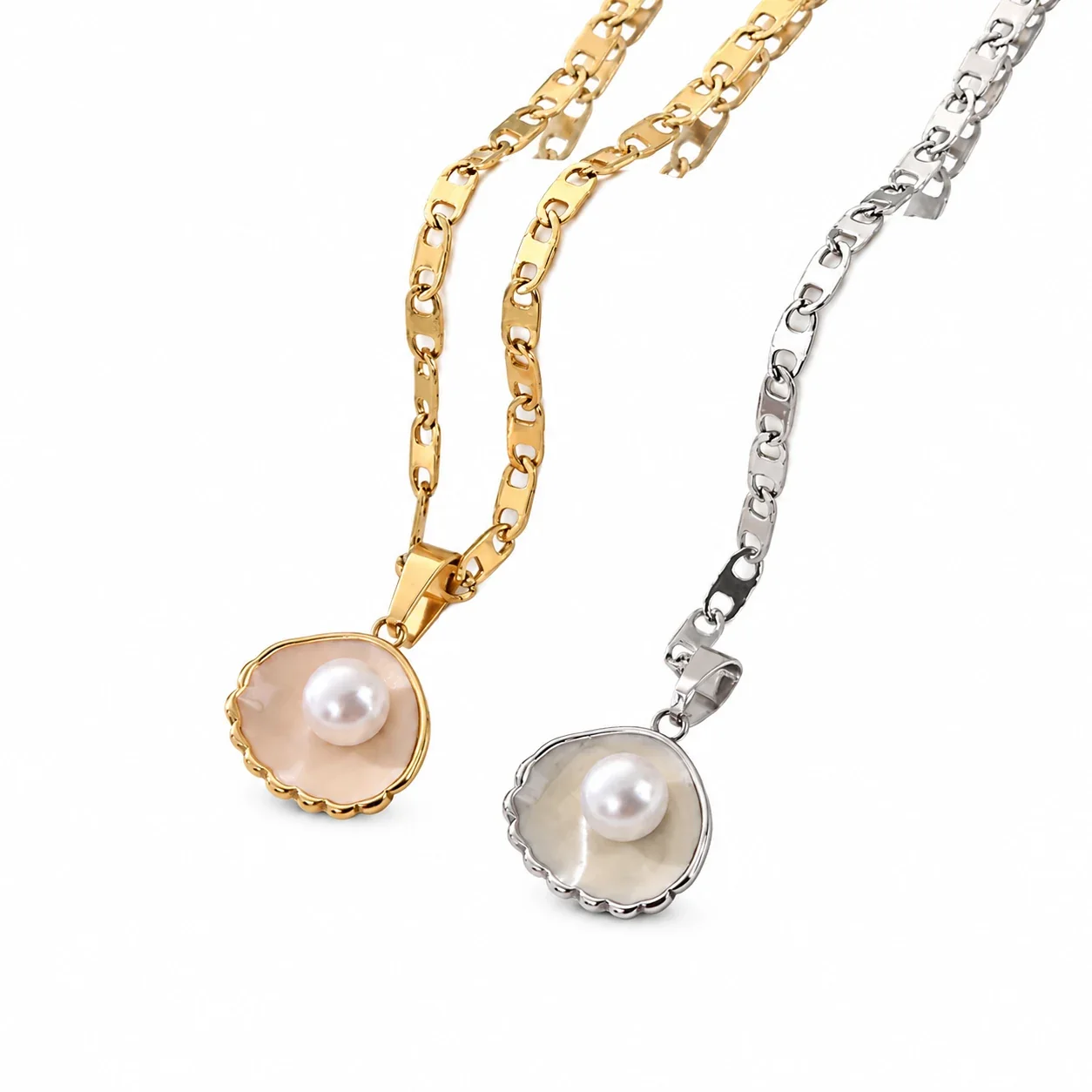 Pendant Necklace, Shell Inlay Pearl & Scalloped Rim, Stainless Steel