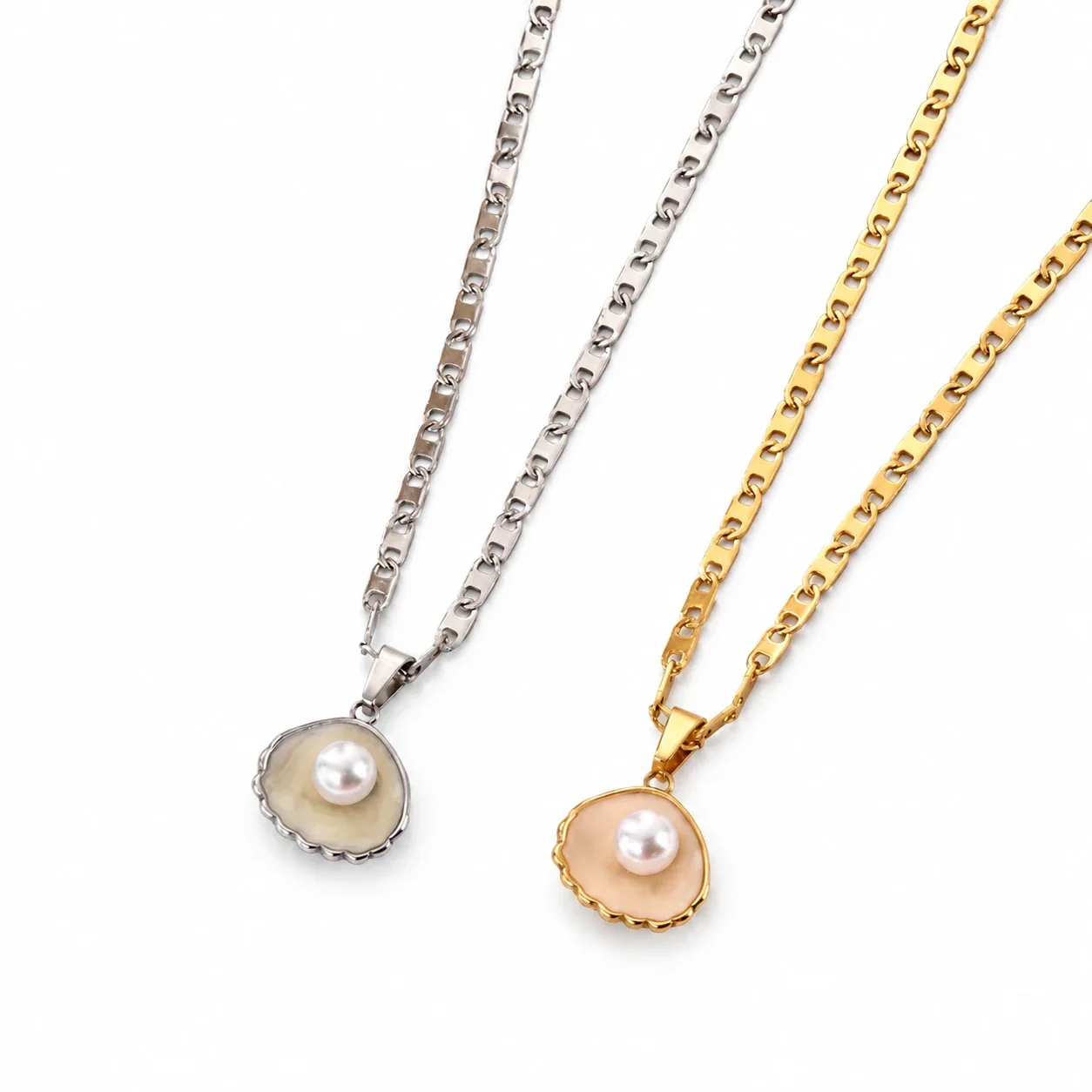 Pendant Necklace, Shell Inlay Pearl & Scalloped Rim, Stainless Steel