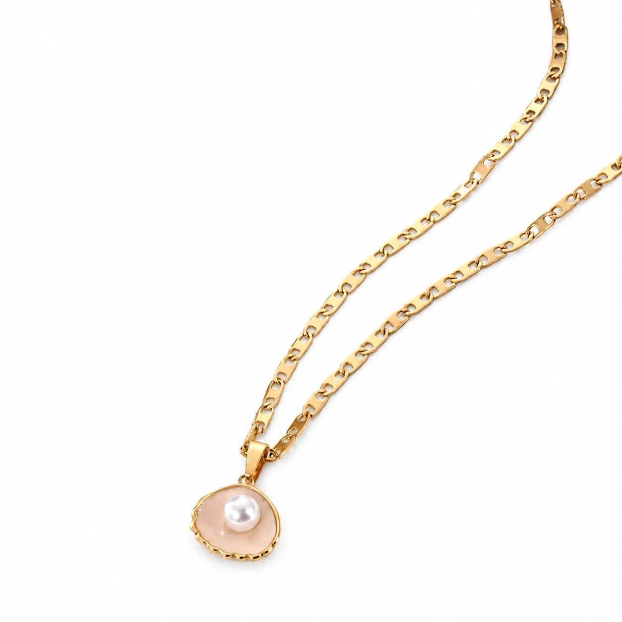 Pendant Necklace, Shell Inlay Pearl & Scalloped Rim, Stainless Steel - Gold
